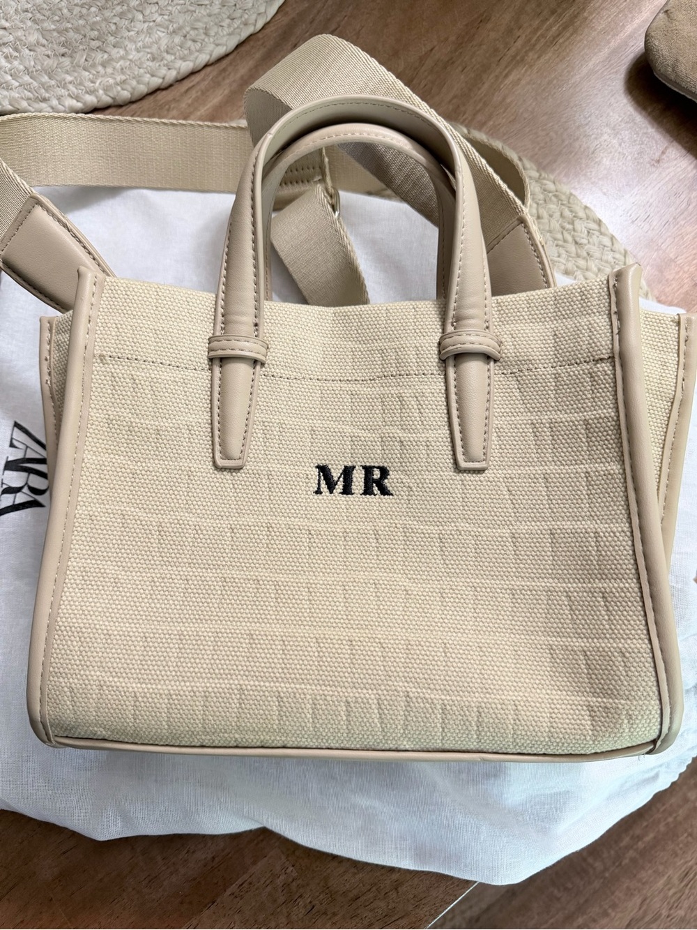 Zara Cream Canvas Mini Tote with Leather Trim